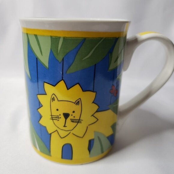 Lion in Jungle Mug Kids Ceramic Yellow Green Blue Fun Playful - Picture 2 of 9